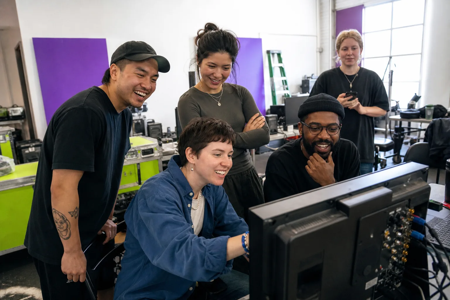 Creative team collaborating around a video monitor.