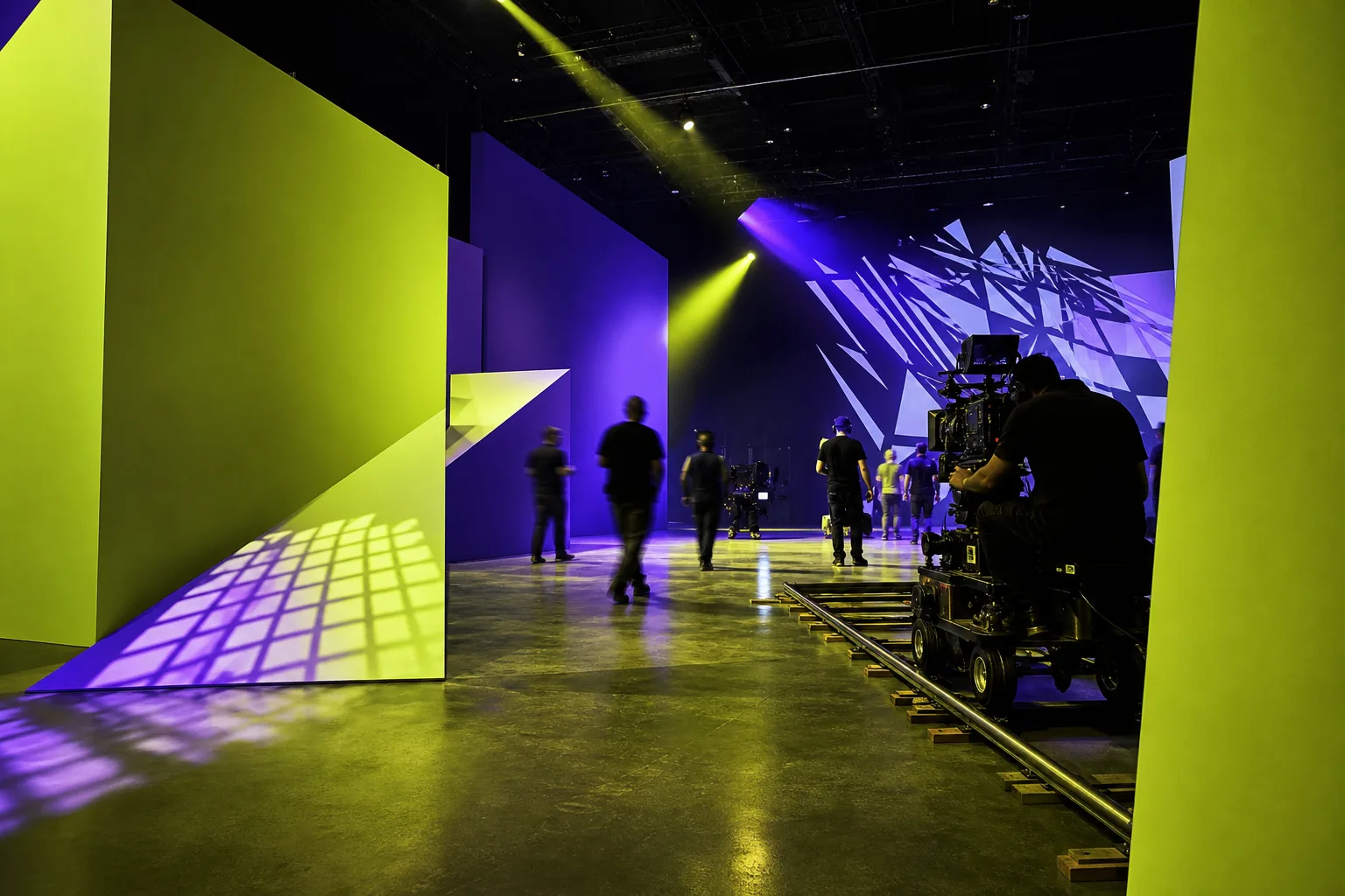 Vibrant video production studio with purple and lime lighting.