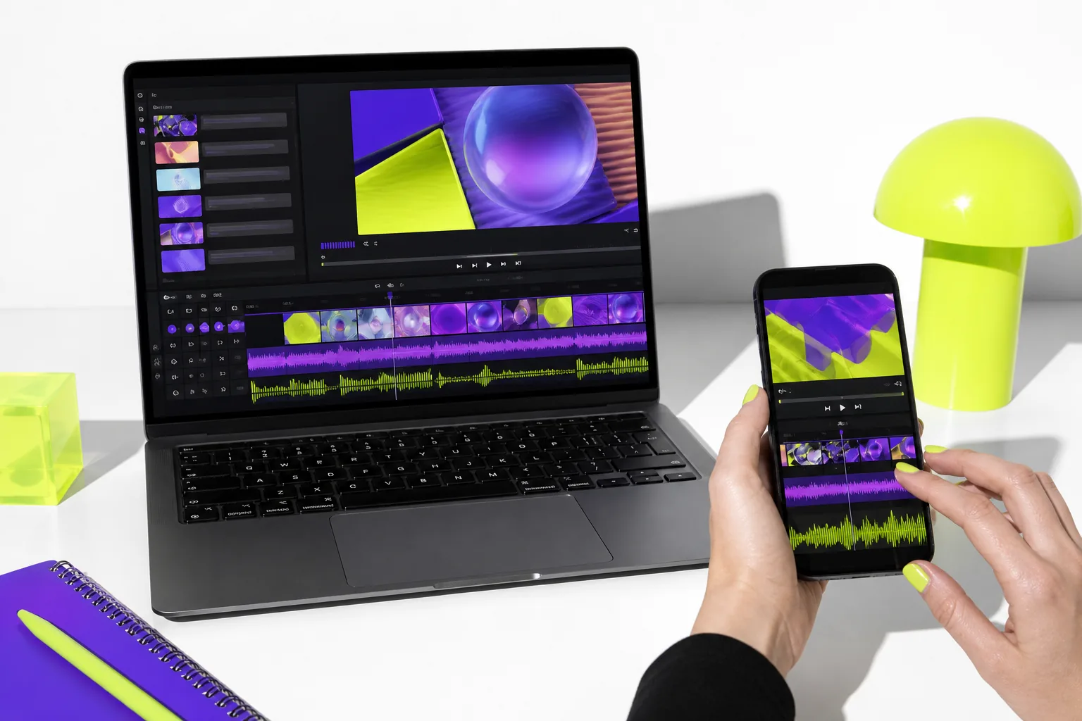 Laptop and phone displaying a colorful video editing workspace.